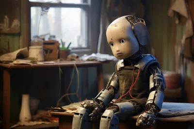 Sad Mechanical Robot Sitting In A Dusty Workshop