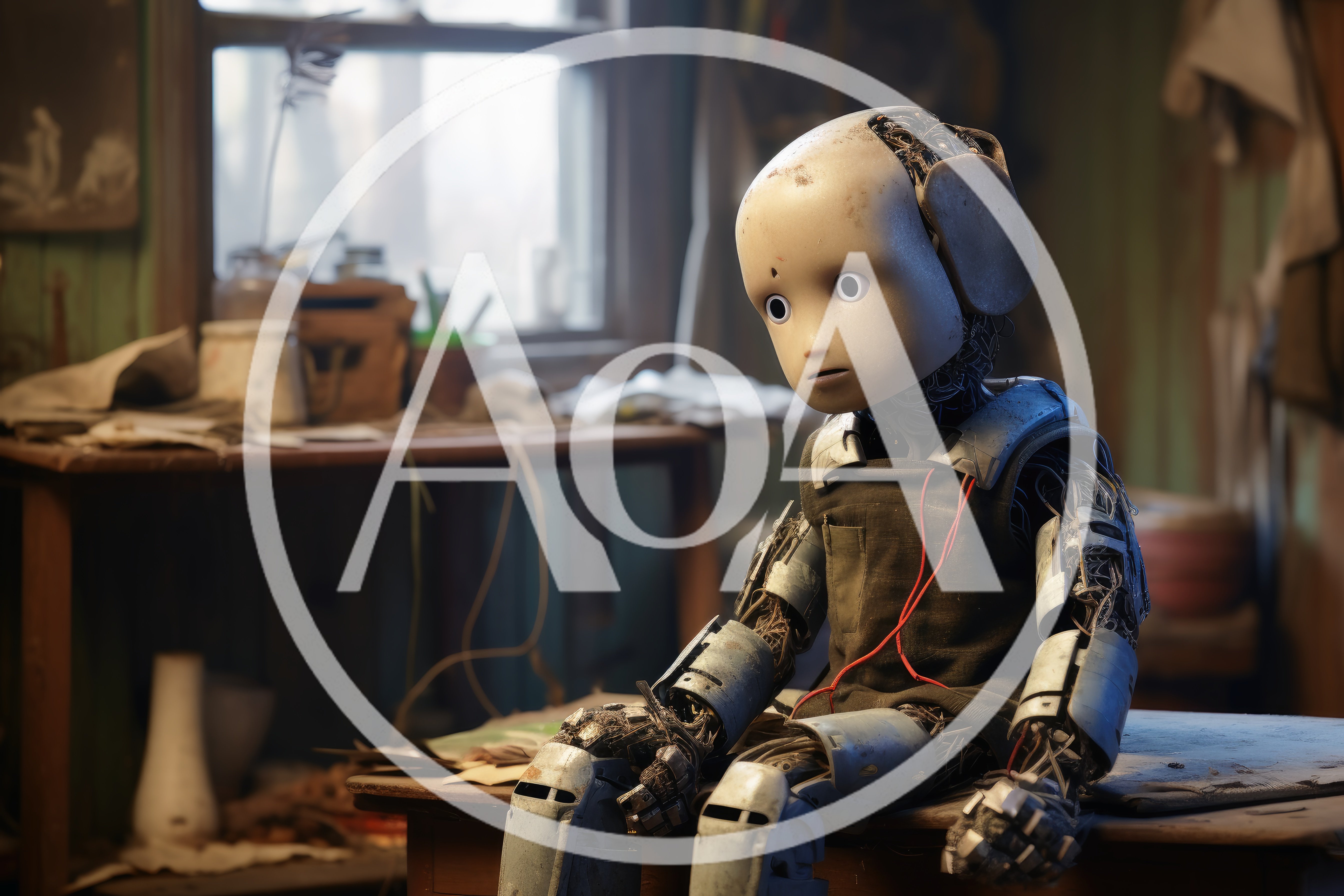 Sad Mechanical Robot Sitting In A Dusty Workshop