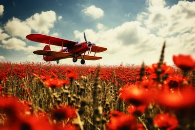 Vintage Red Biplane Flying Over A Poppy Field