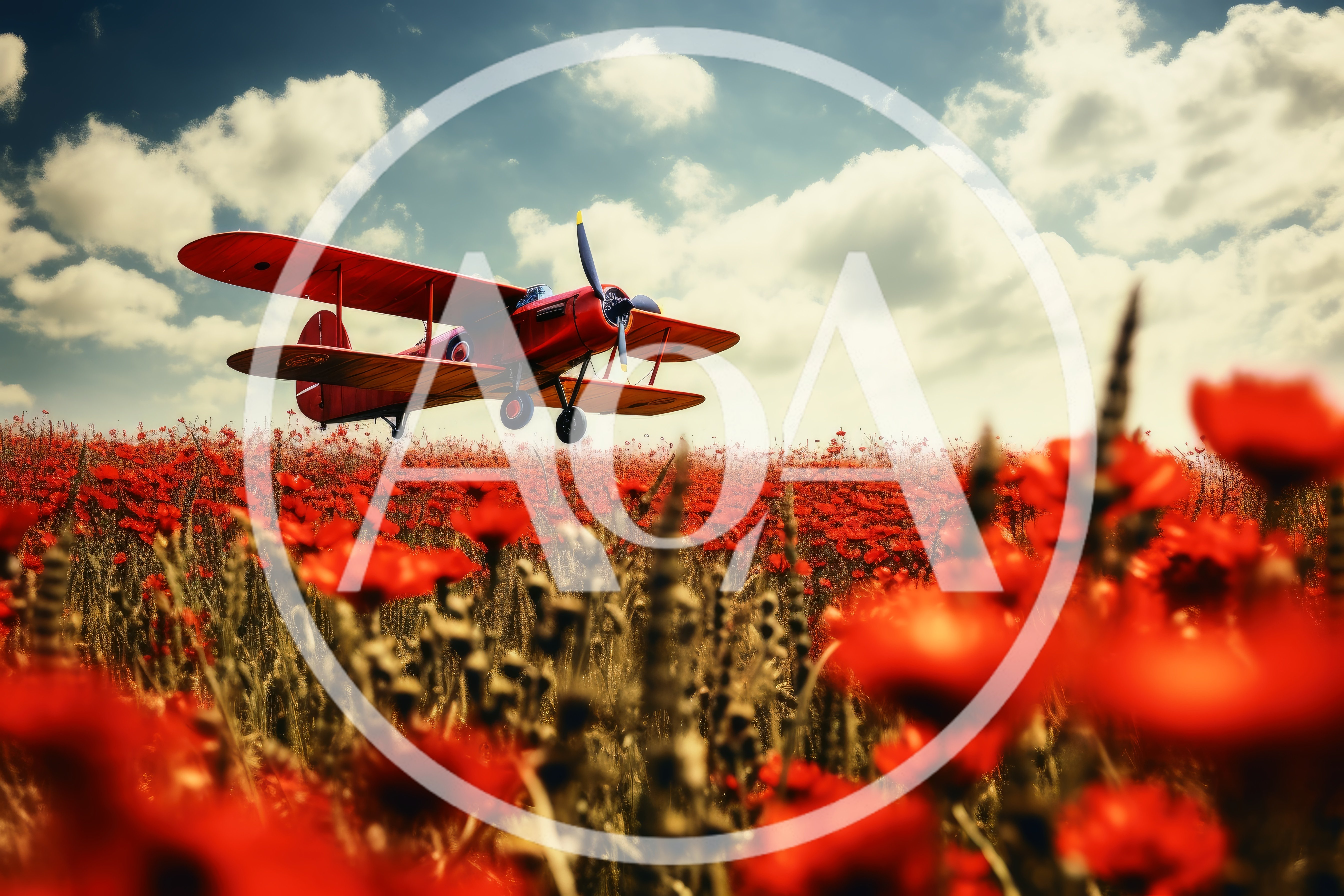 Vintage Red Biplane Flying Over A Poppy Field