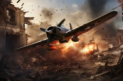 World War II Fighter Plane Flying Through War Zone