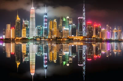 Doha Skyline Night Reflection