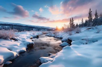 Winter Landscape With Frozen River At Sunset