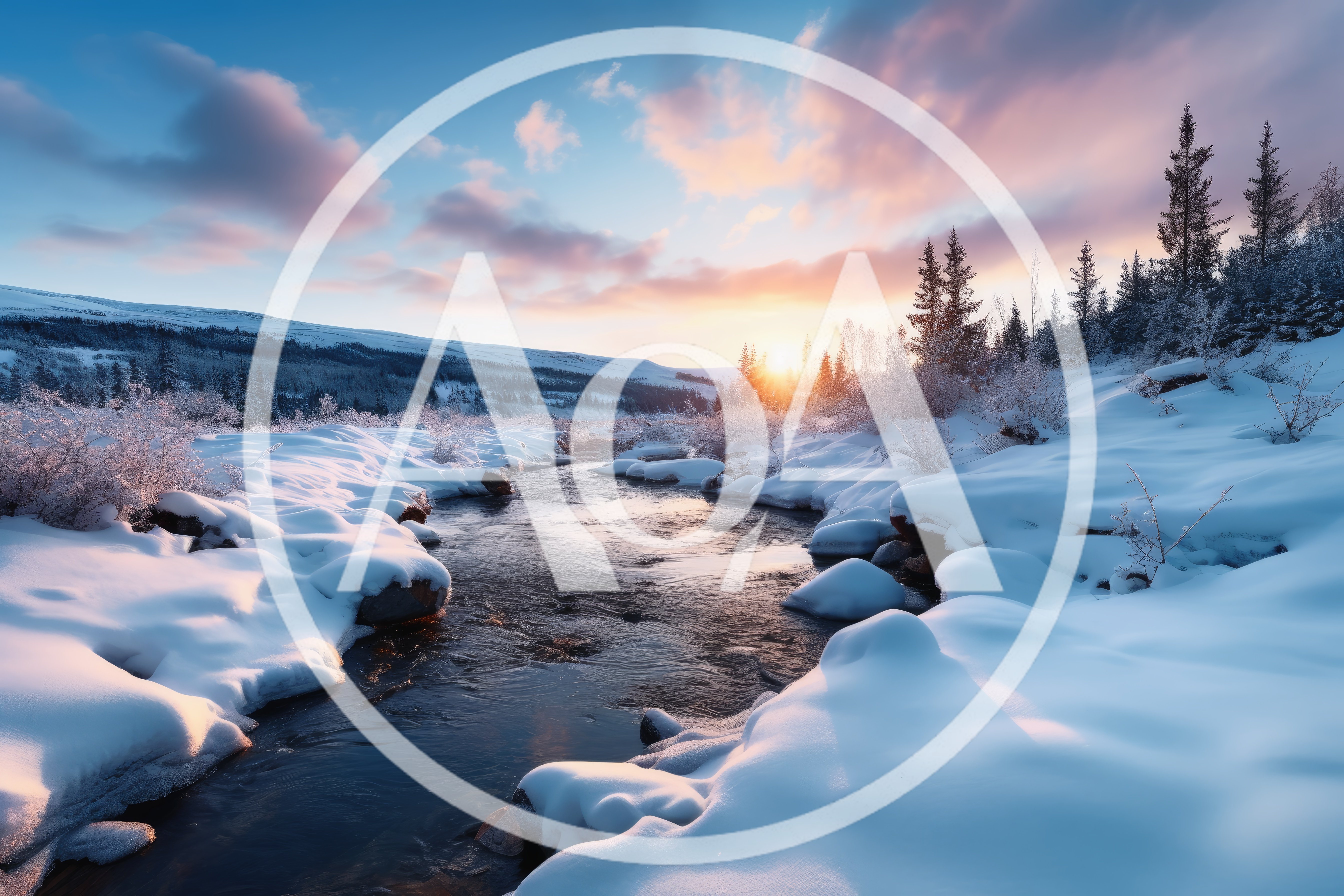 Winter Landscape With Frozen River At Sunset