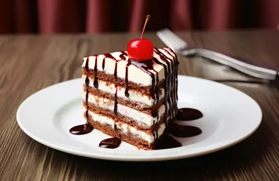 Slice Of Layered Chocolate Cake With Cherry