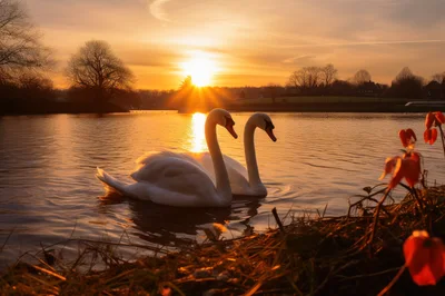 Two Elegant Swans Swimming on a Lake at Sunset