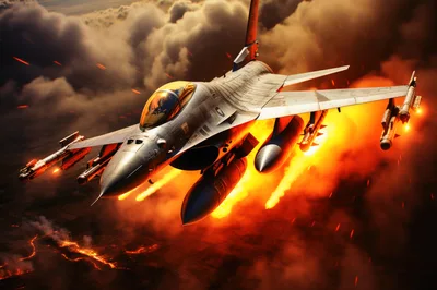 F-16 Fighting Falcon Flying Through Intense Aerial Combat