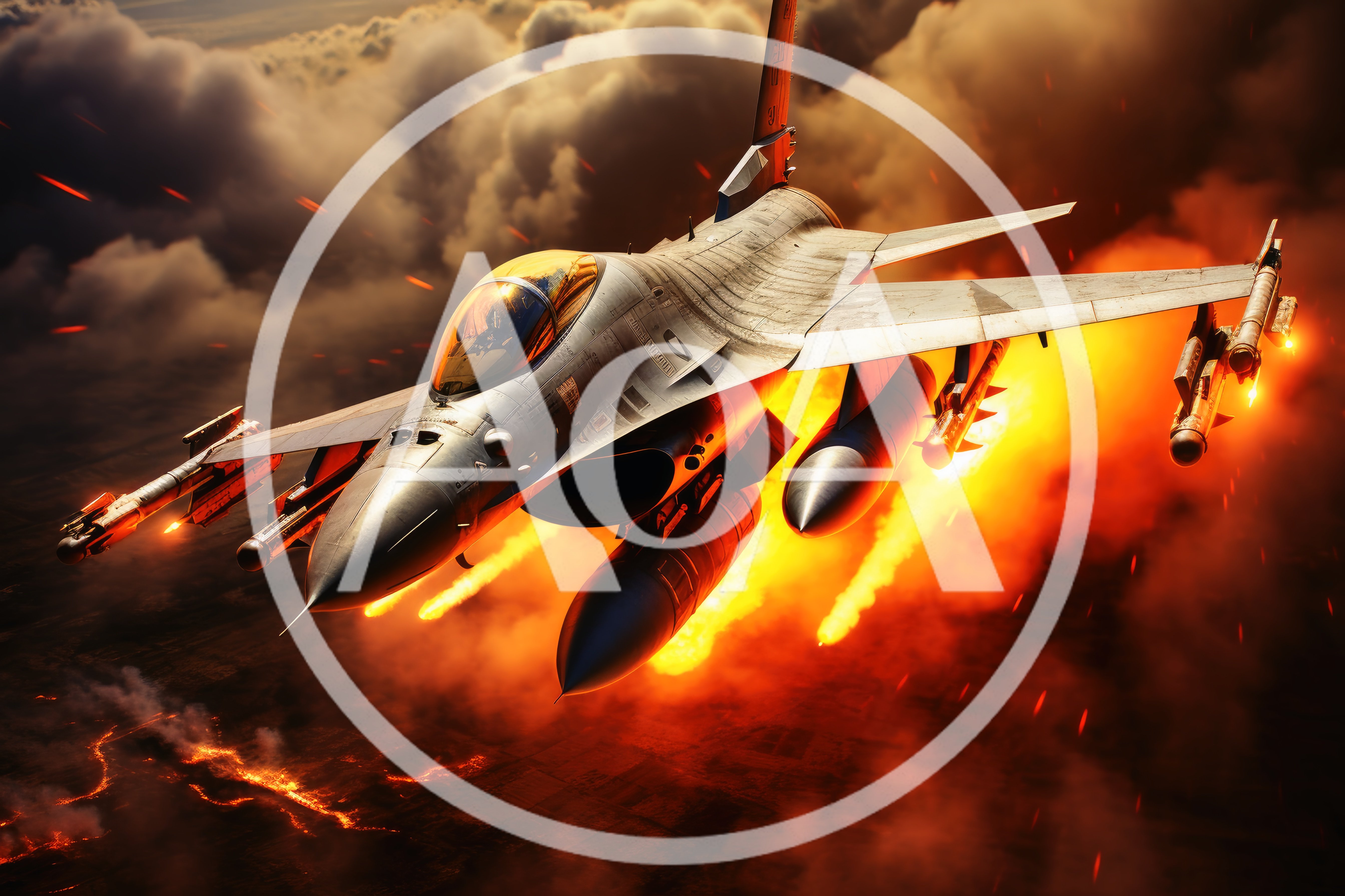 F-16 Fighting Falcon Flying Through Intense Aerial Combat