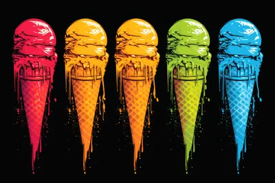 Five Colorful Melting Ice Cream Cones In Pop Art Style