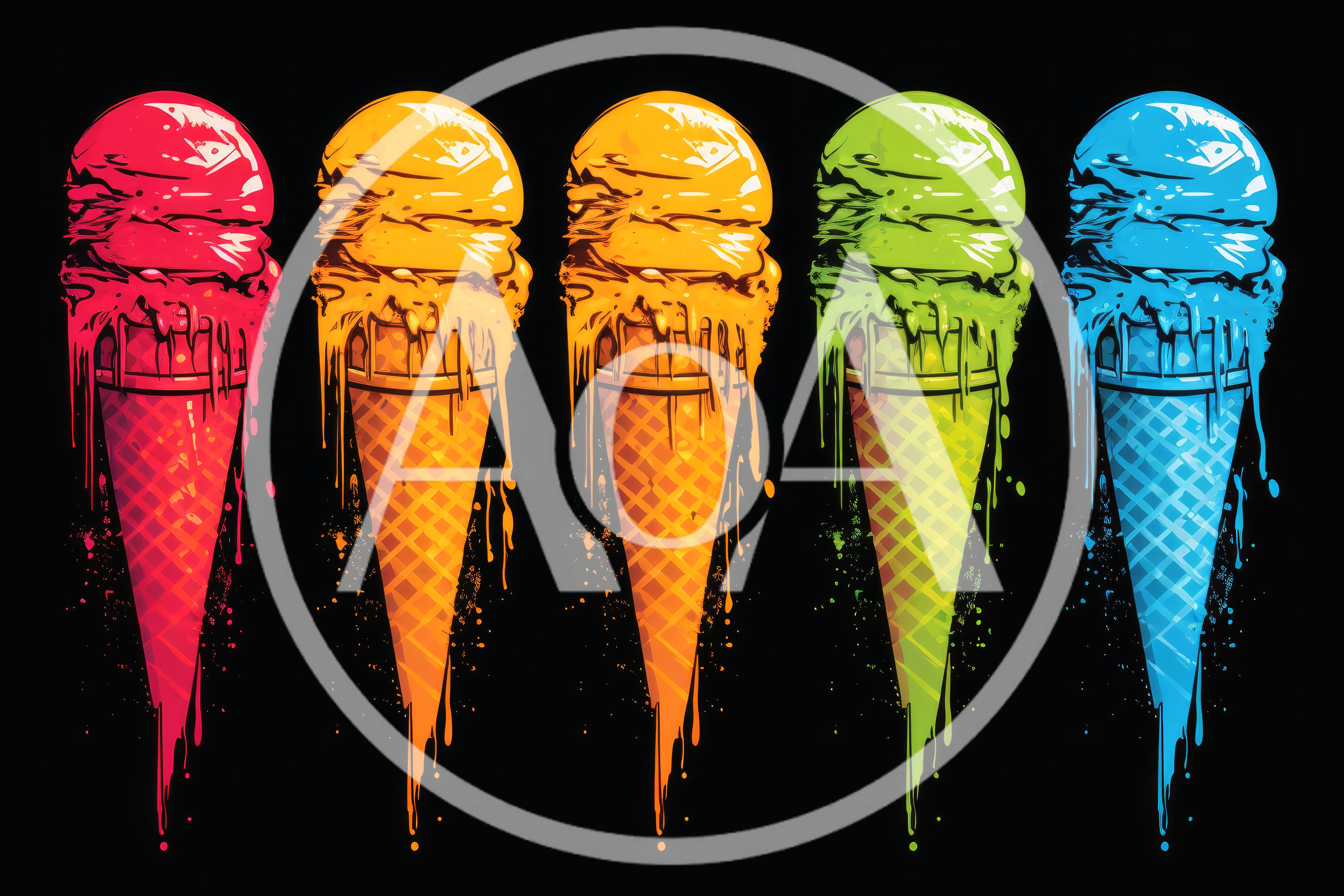 Five Colorful Melting Ice Cream Cones In Pop Art Style