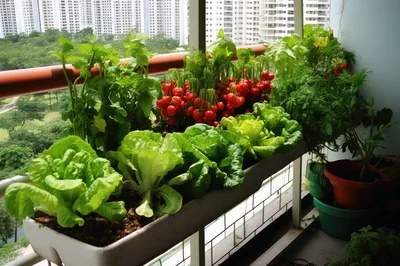 Urban Balcony Vegetable Garden With Fresh Lettuce And Radishes