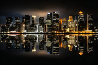 Night Skyline Of Modern City With Water Reflection