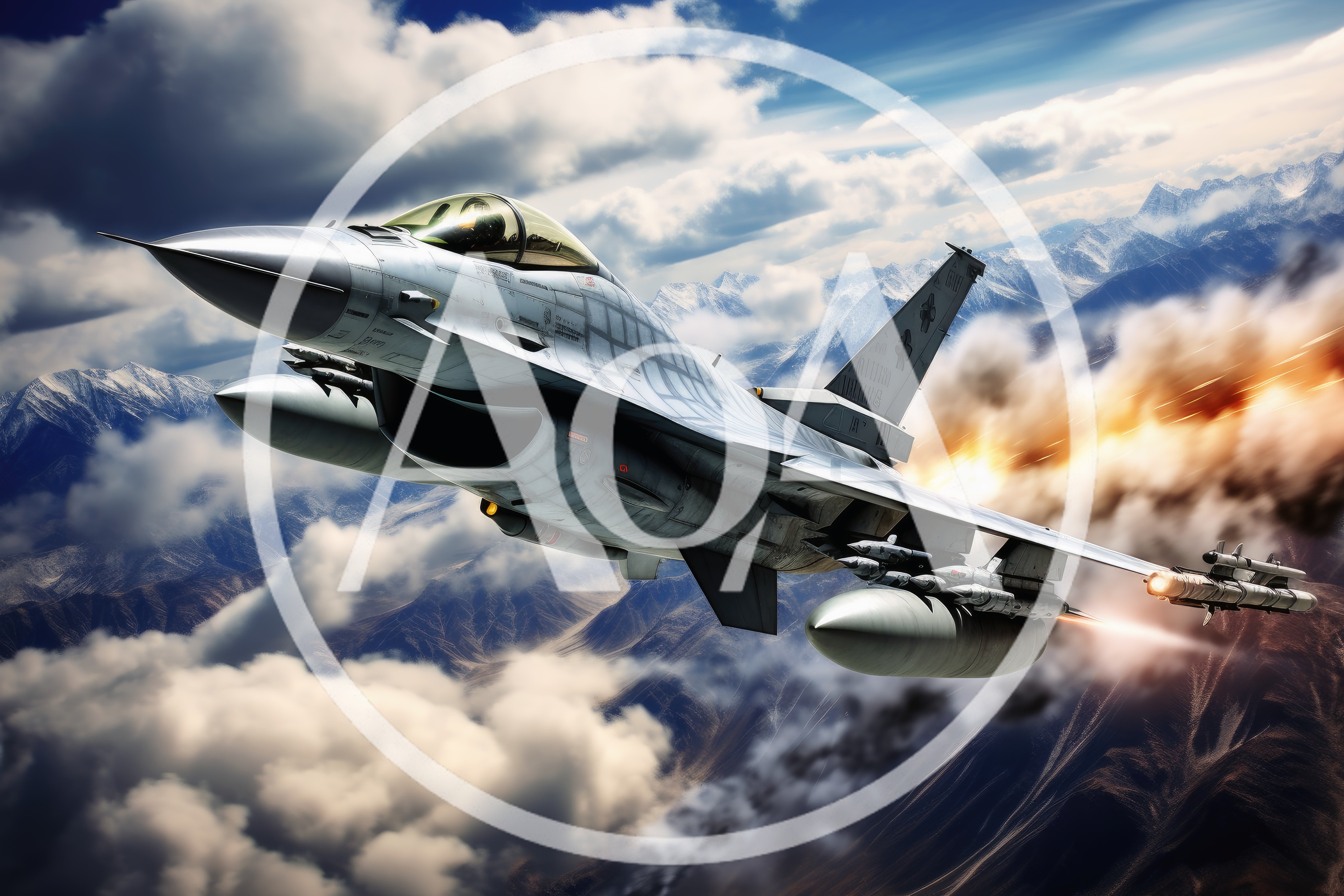 F-16 Fighting Falcon Jet Flying Over Snowy Mountains