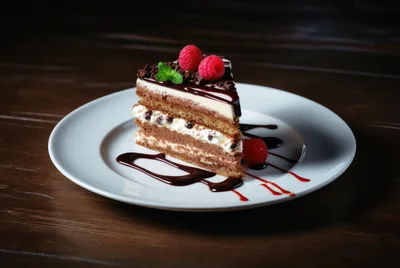 Slice Of Chocolate Layer Cake With Raspberries