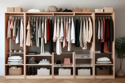 Organized Wooden Wardrobe With Hanging Clothes And Accessories