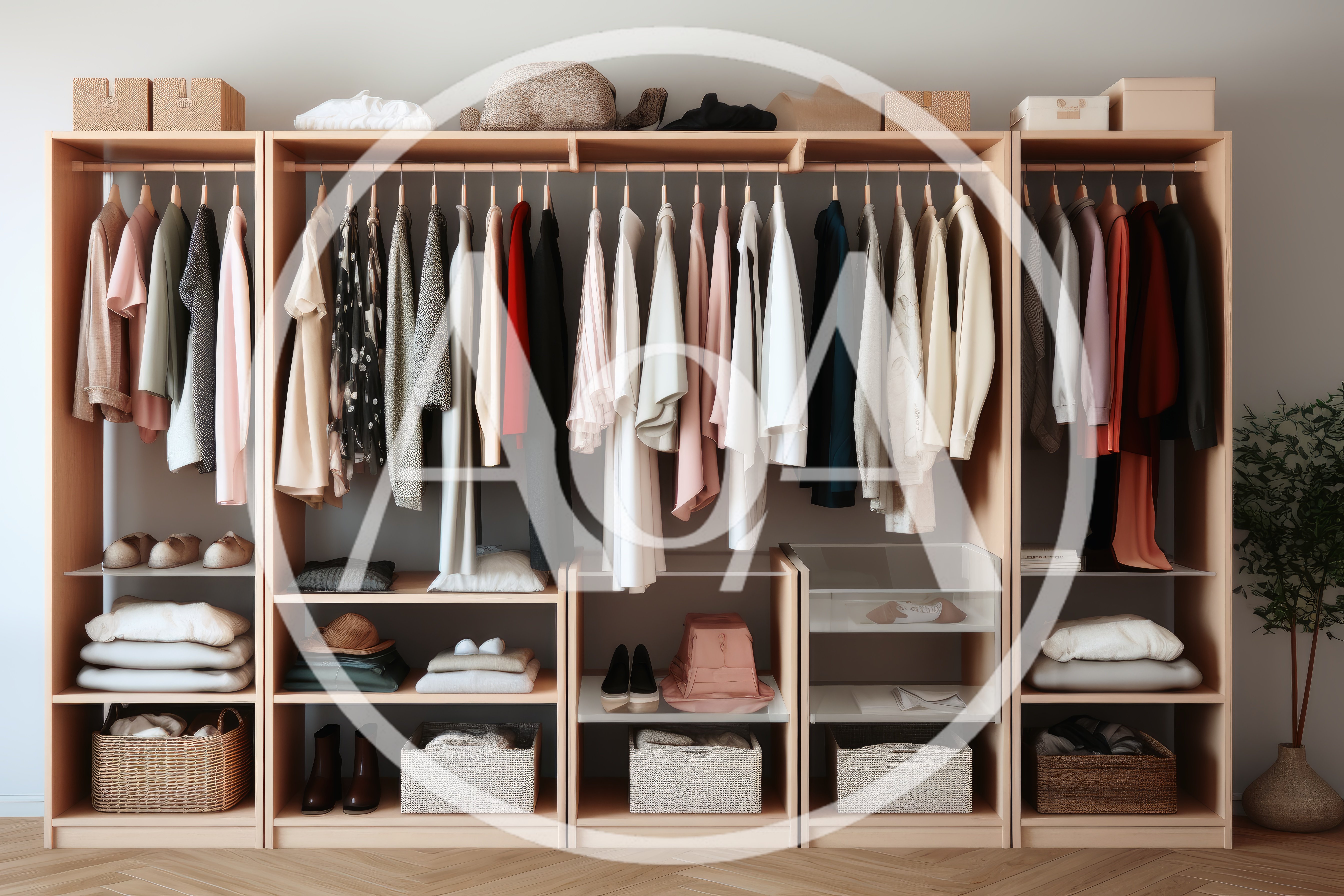 Organized Wooden Wardrobe With Hanging Clothes And Accessories
