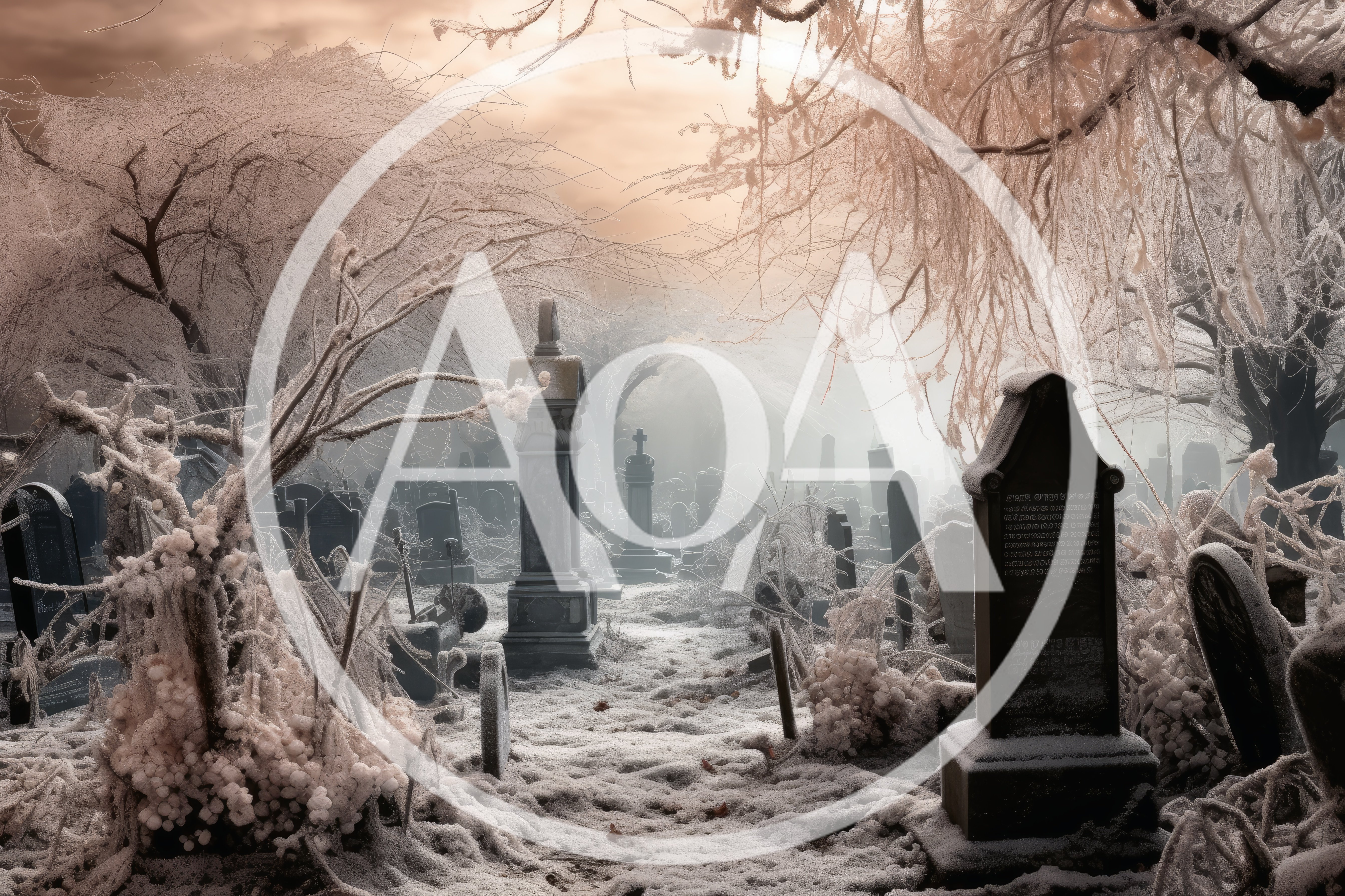 Frozen Cemetery Landscape Under A Misty Winter Sky