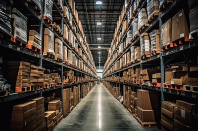 Warehouse Aisle With Tall Industrial Storage Racking