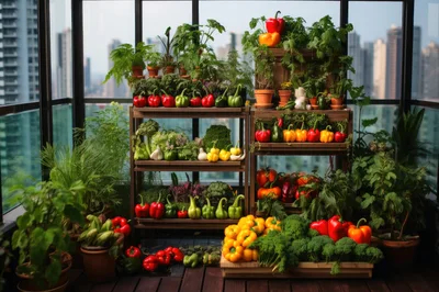 Urban Balcony Garden With Fresh Vegetables And Herbs