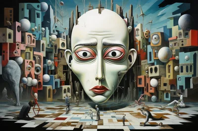 Surrealist Painting Featuring A Giant Face And Figures