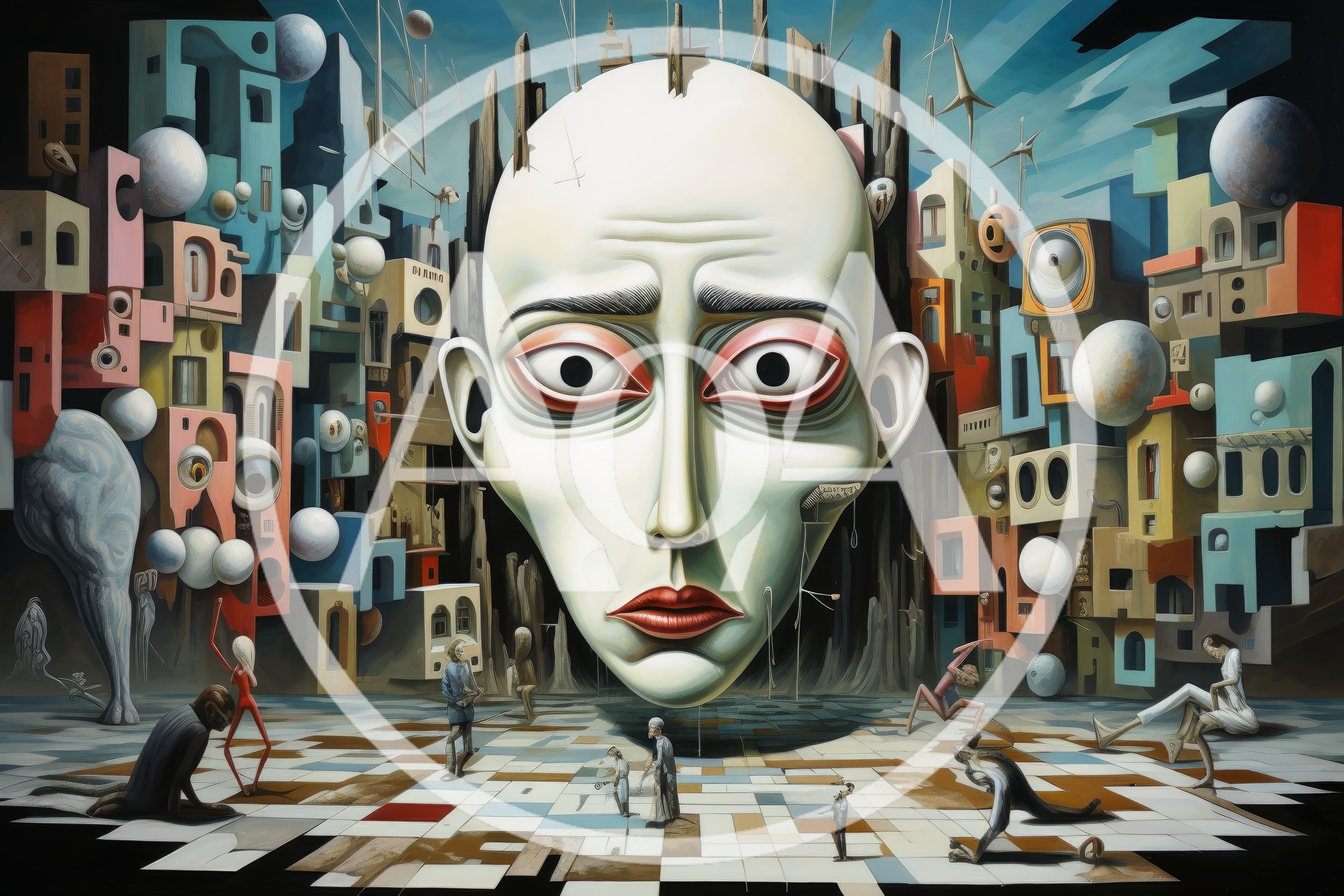 Surrealist Painting Featuring A Giant Face And Figures