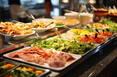 Breakfast Buffet Spread With Fresh Salads And Meats