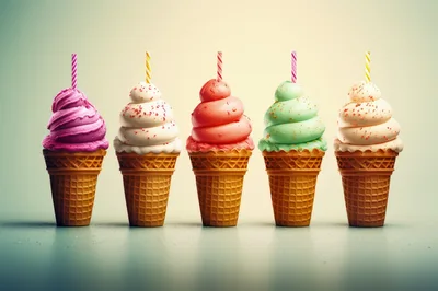 Five Colorful Soft Serve Ice Cream Cones