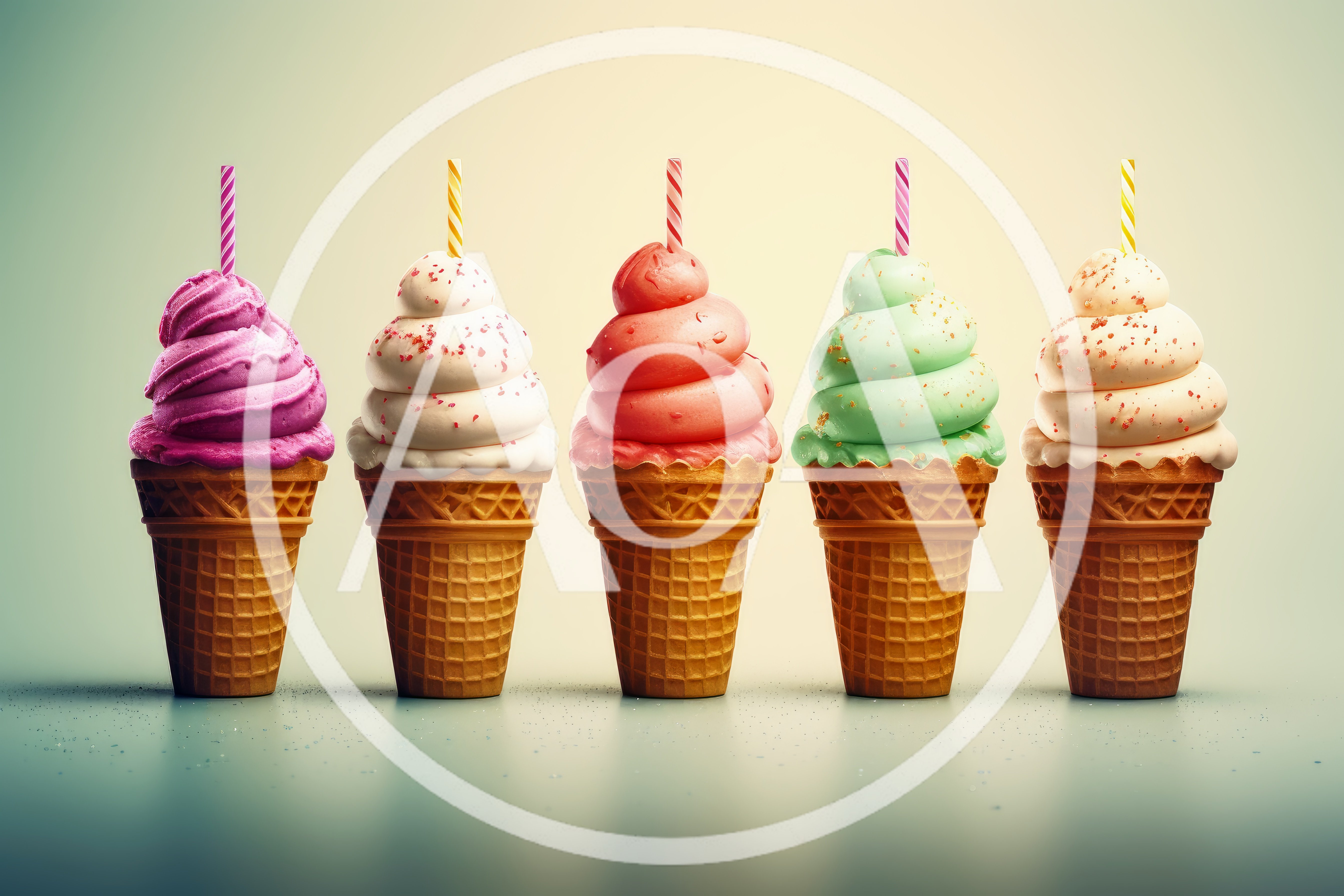 Five Colorful Soft Serve Ice Cream Cones