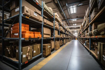 Industrial Warehouse Interior With Rows Of Storage Shelving