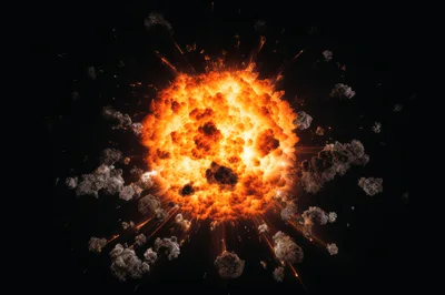 Massive Fiery Explosion With Debris And Smoke Clouds