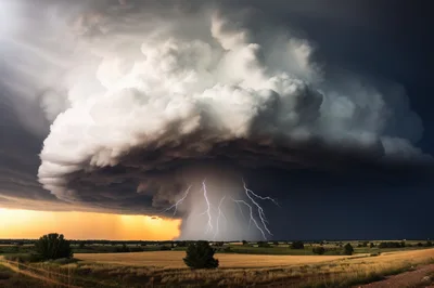 Supercell Thunderstorm With Lightning Over Rural Plains