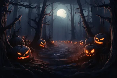 Spooky Halloween Forest Path With Glowing Jack O Lanterns