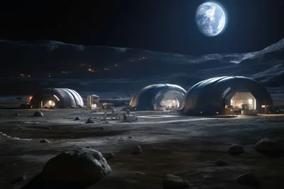 Futuristic Lunar Base With Domed Habitats Under Moonlight