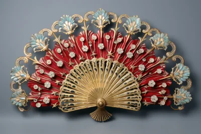 Ornate Antique Red And Gold Decorative Hand Fan