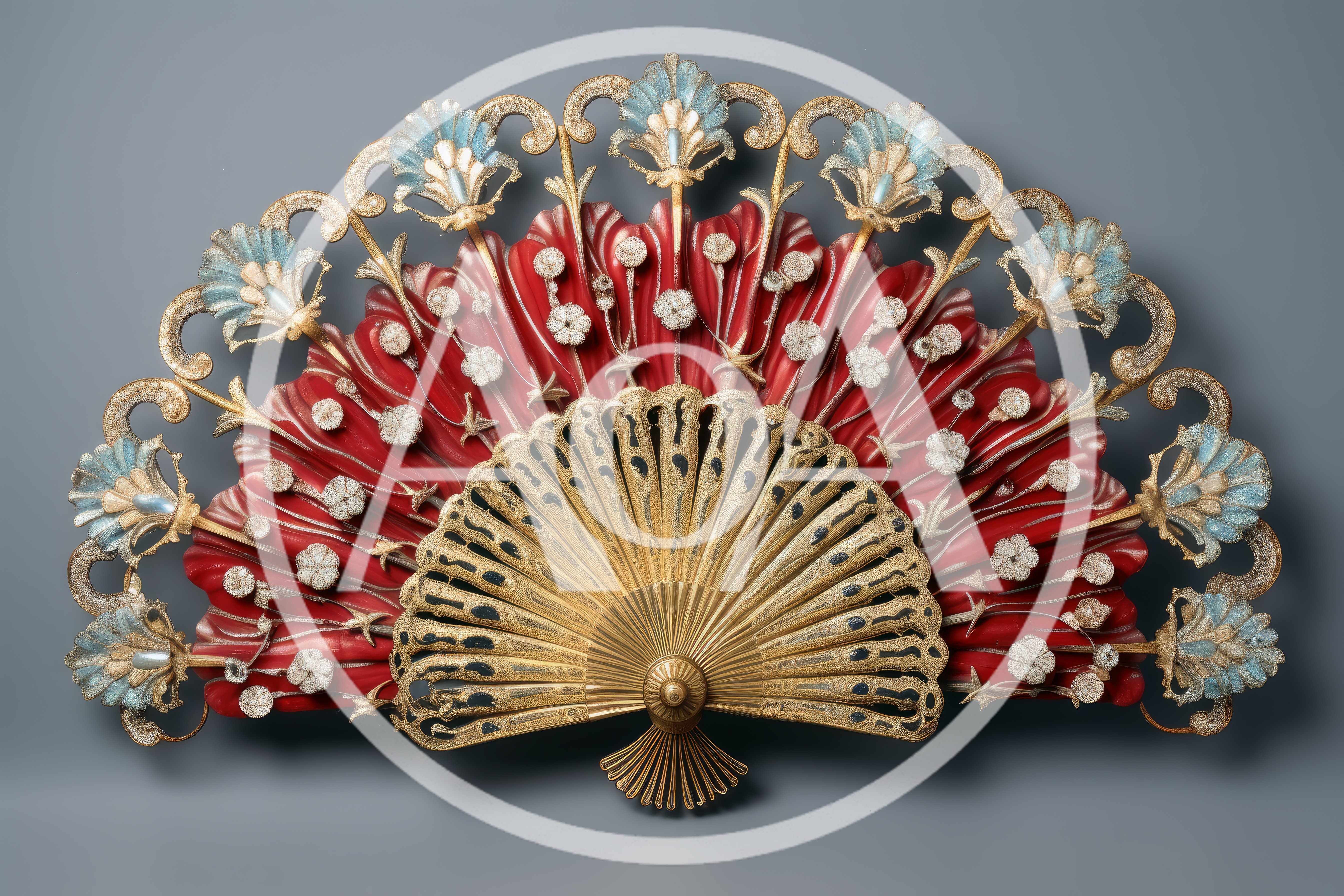 Ornate Antique Red And Gold Decorative Hand Fan