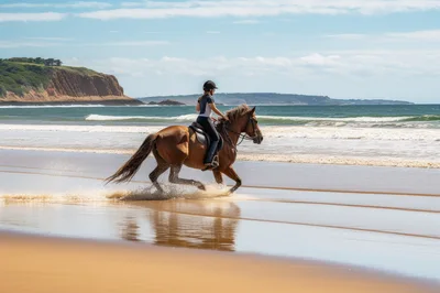 Woman Riding Horse Along The Beach
