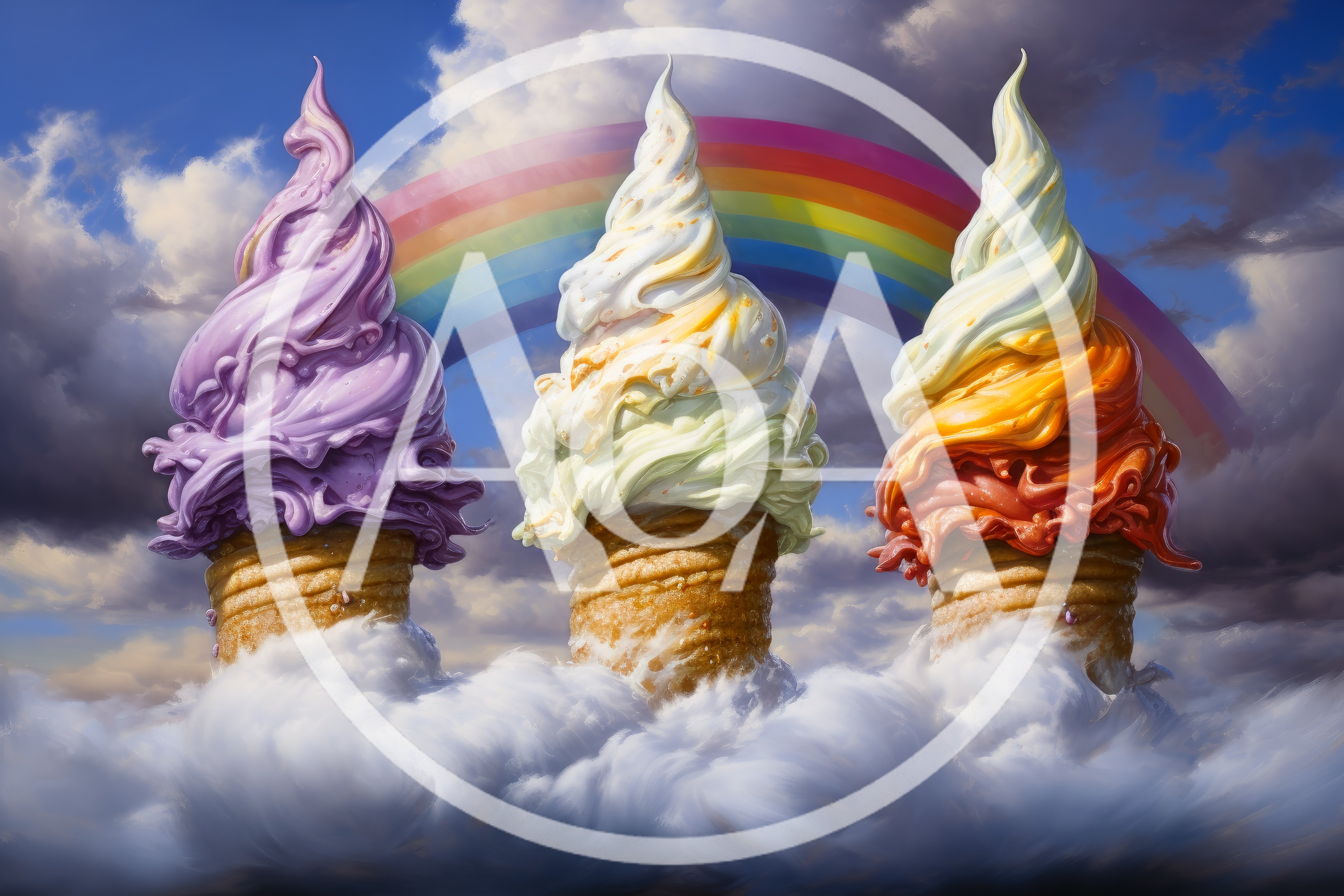 Three Surreal Ice Cream Cones Floating In Clouds