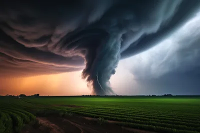 Massive Supercell Tornado Over Green Agricultural Fields