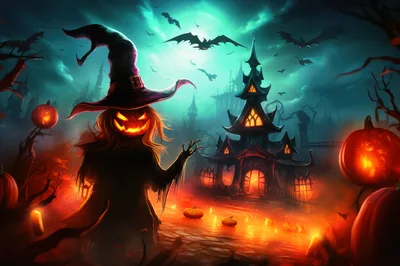 Spooky Halloween Witch With Pumpkin Head And Haunted Mansion