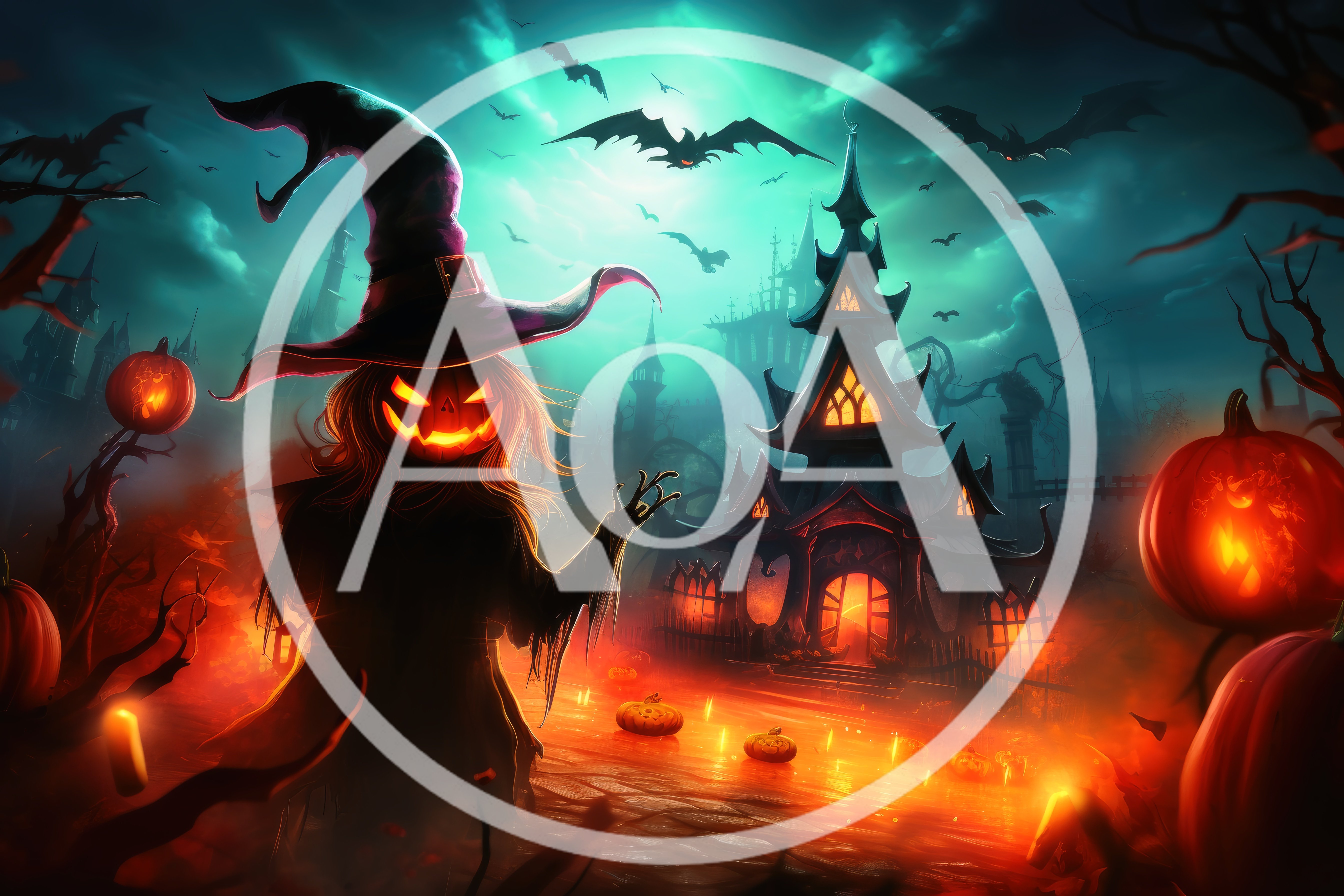 Spooky Halloween Witch With Pumpkin Head And Haunted Mansion