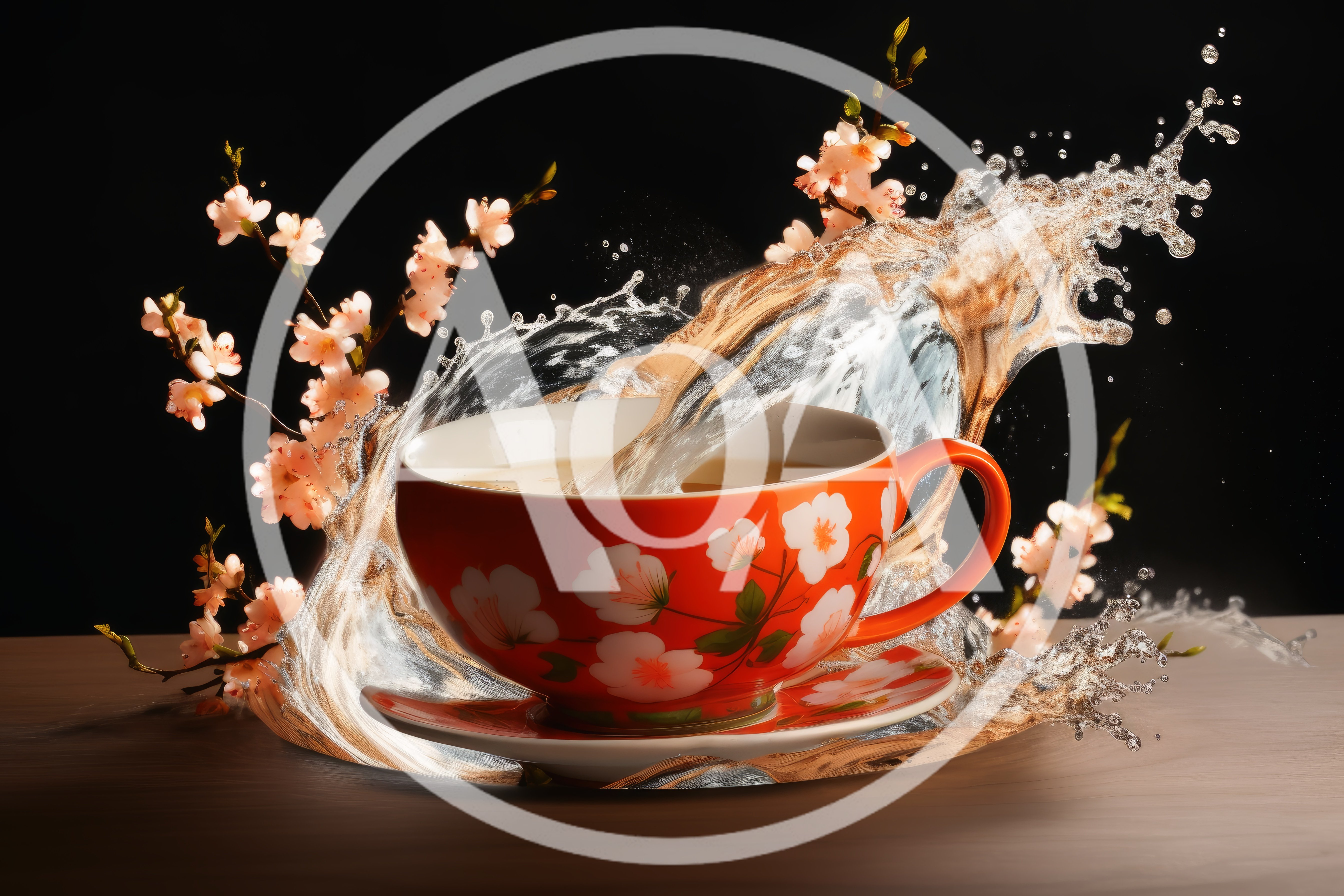 Orange Tea Cup With Cherry Blossom Splash