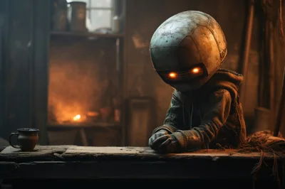 Sad Robot Child Sitting At A Wooden Workbench