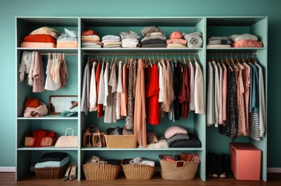 Organized Walk In Closet With Hanging Clothes And Accessories