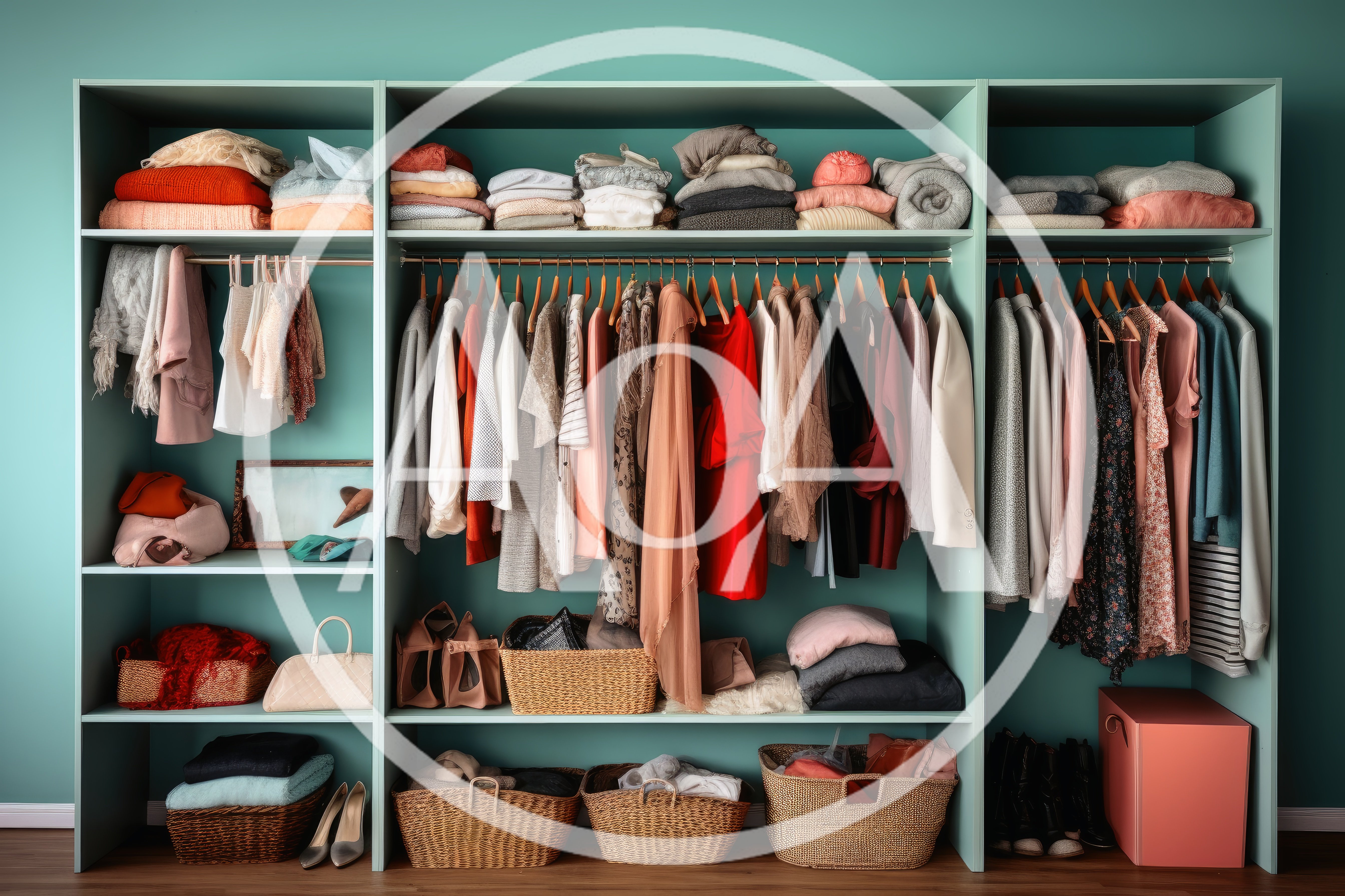 Organized Walk In Closet With Hanging Clothes And Accessories