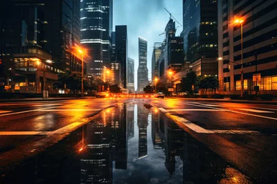 Modern City Street With Reflections In Rain Puddle