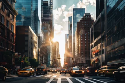 New York City Street Scene With Yellow Taxis
