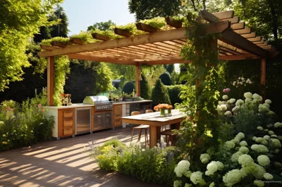 Outdoor Kitchen And Dining Area Under Wooden Pergola