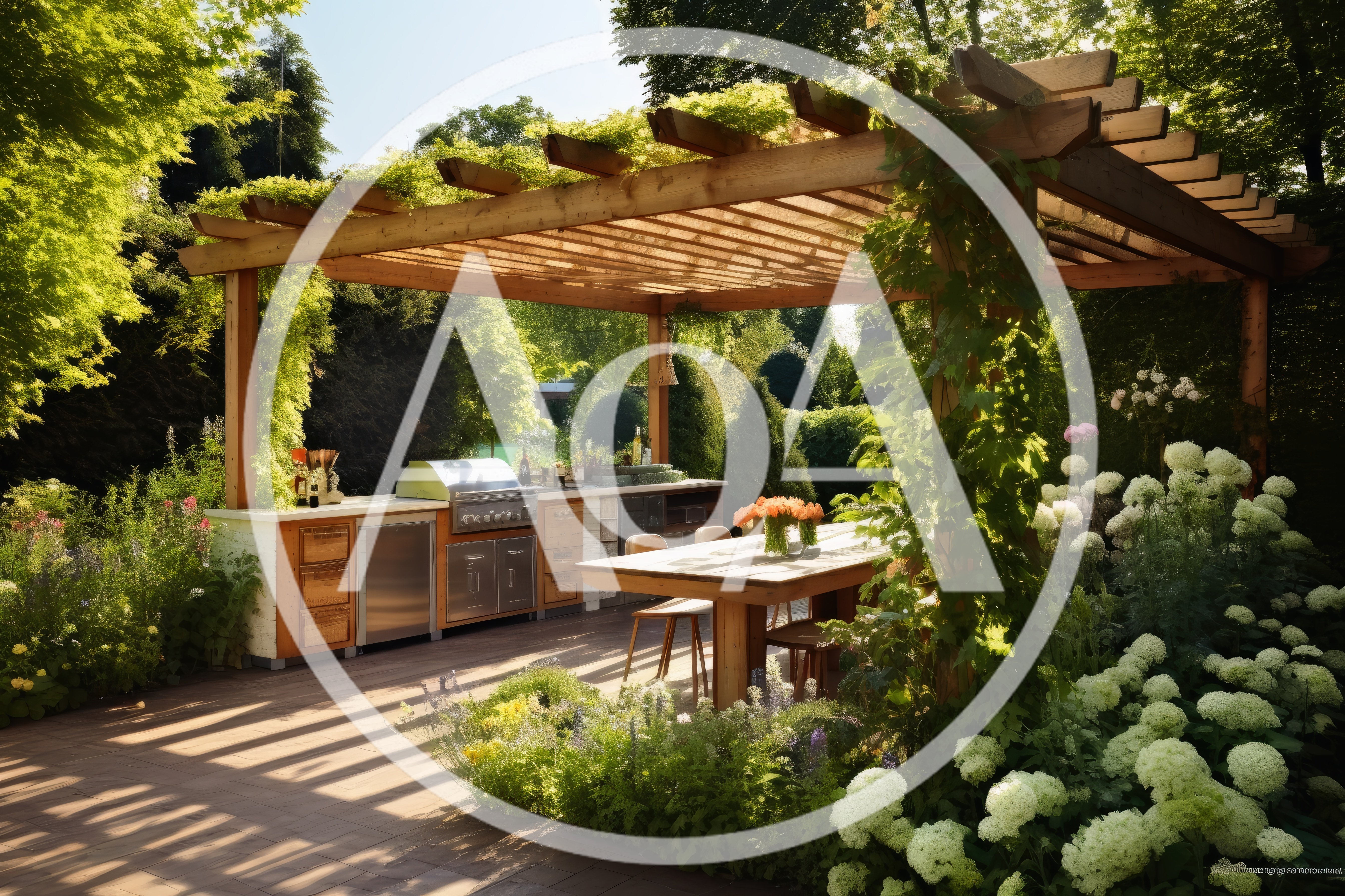 Outdoor Kitchen And Dining Area Under Wooden Pergola