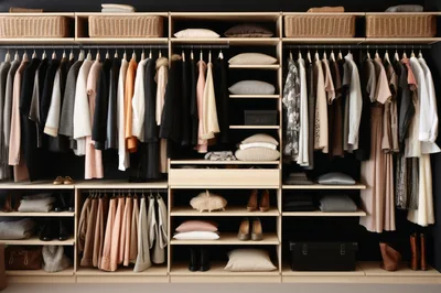 Organized Walk In Closet With Hanging Clothes And Accessories