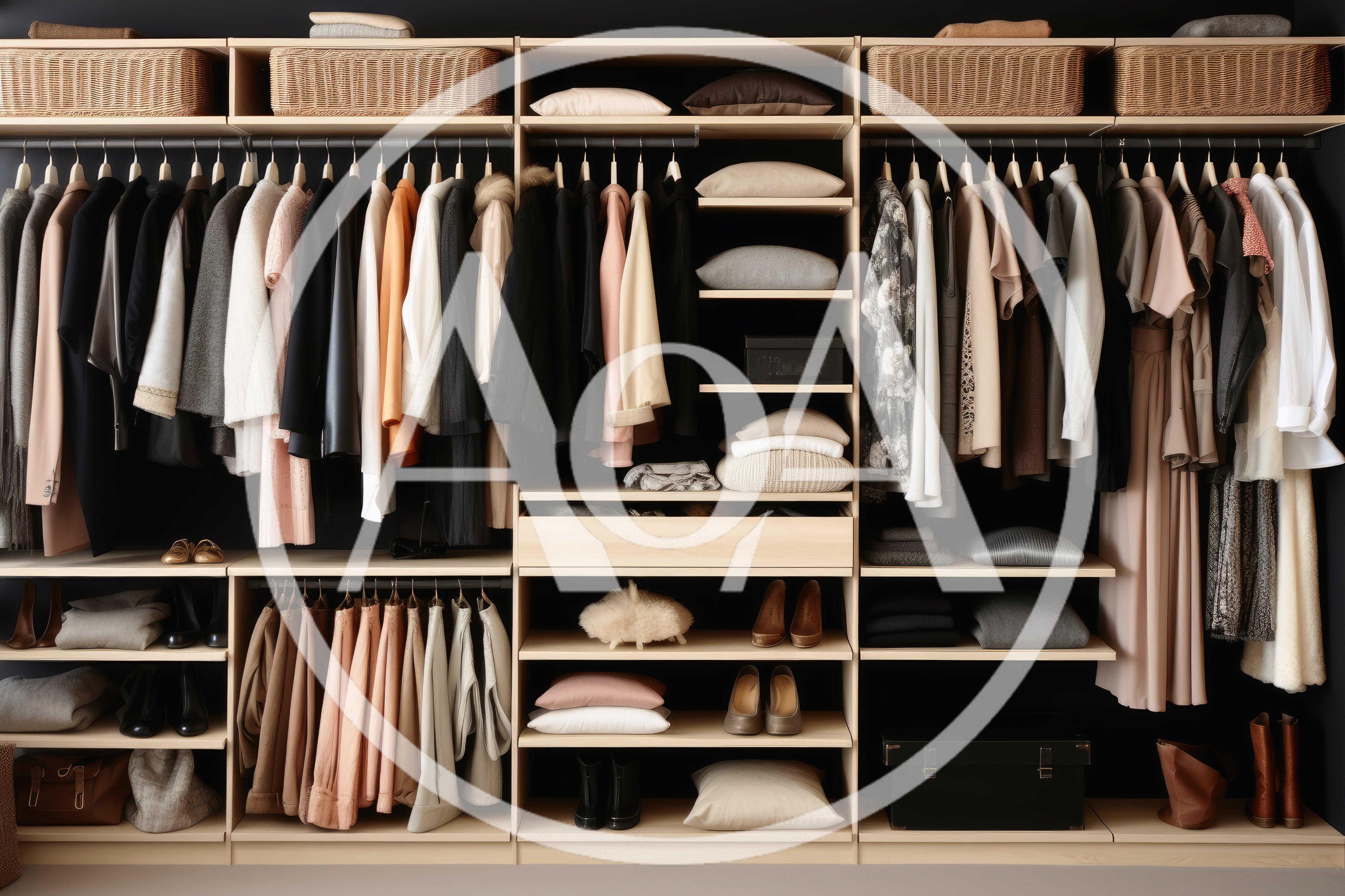 Organized Walk In Closet With Hanging Clothes And Accessories